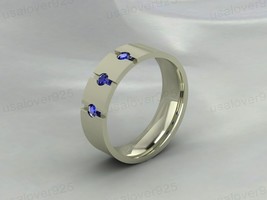 Blue Sapphire Three Gem stone Sterling Silver Handmade Women Band Ring Jewelry - £48.73 GBP