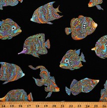Cotton Fish Ocean Animals Metallic Paisley Black Fabric Print by Yard D468.40 - £11.15 GBP