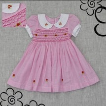 Pink Gingham Hand-Smocked Embroidered Baby Girl Dress. Toddlers Birthday Dress.  - £31.16 GBP