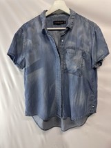 Calvin Klein Blue Tensel Chambray Top Blouse Short Sleeve Button Front S - $21.75