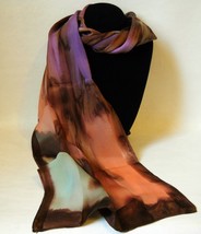 Hand Painted Silk Scarf Green Peach Orange Purple Oblong Hair Head Neck ... - £44.06 GBP