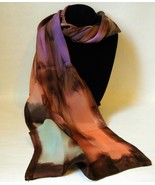 Hand Painted Silk Scarf Green Peach Orange Purple Oblong Hair Head Neck ... - £45.03 GBP