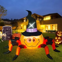 6.5 Ft Long Halloween Inflatable Pumpkin Spider With Witch Hat Blow Up Yard Deco - £72.94 GBP
