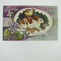 Easter Postcard Yellow Chick Rides on Rabbit of Back Purple Flowers Antique - £11.76 GBP
