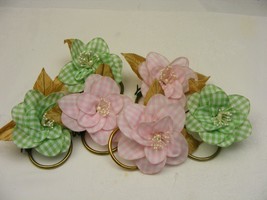 Vintage Handmade Napkin Rings Set of 6 Pink &amp; Green Check Beaded Pollen #6 - $368.72 MXN