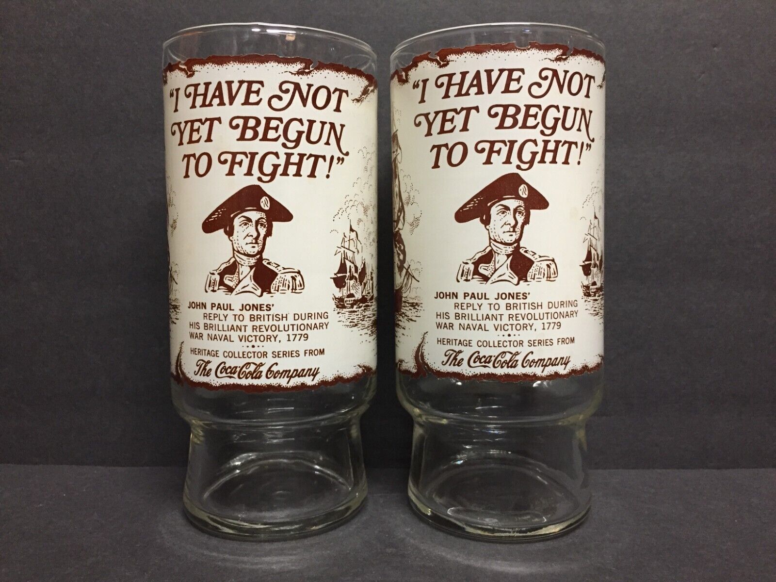Primary image for 2 The Coca-Cola Company "I Have Not Yet Begun To Fight!" Drinking Glasses Vintag