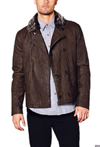 Brown Leather Jacket With Shearling Collar Front Buttons Zip Closure Men Fashion - £156.66 GBP
