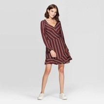 Women&#39;s Striped V-Neck Long Sleeve Wrap Mini Dress - Xhilaration Burgundy M - £7.95 GBP