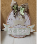 Welcome Easter Egg Hanging Wooden Decor 15&quot; x 15.5&quot; Rabbit Bow - $19.34