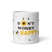 White Glossy Coffee Mug 11oz or 15oz | Don&#39;t Worry Bee Happy Cat Floral ... - $22.99+