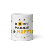 White Glossy Coffee Mug 11oz or 15oz | Don't Worry Bee Happy Cat Floral Themed - $22.99 - $24.99