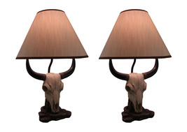 Set of 2 Cattle Ranch Bovine Cow Skull Decorative Table Lamps with Fabric Shades - £117.51 GBP