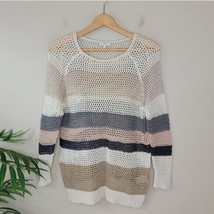 Joie | Tan Cream Gray Pale Pink Stripe Open Knit Sweater, womens size medium - £42.54 GBP