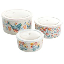 Pioneer Woman Mazie Round Nesting Bowls Ceramic 6-Pc Lids Farmhouse Kitc... - $36.97