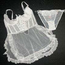 Victoria&#39;s Secret 34C/36B M Babydoll Apron Set Panty White Eyelet Ruffle 1/4 Cup - £78.84 GBP