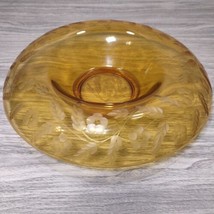 Vintage Amber Glass Rolled Edge Console Bowl with Etched Design 11&quot; - £15.75 GBP