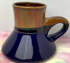 Wide Bottom Mug Stoneware Brown Blue Glaze Pottery No Spill Coffee Tea - £14.27 GBP