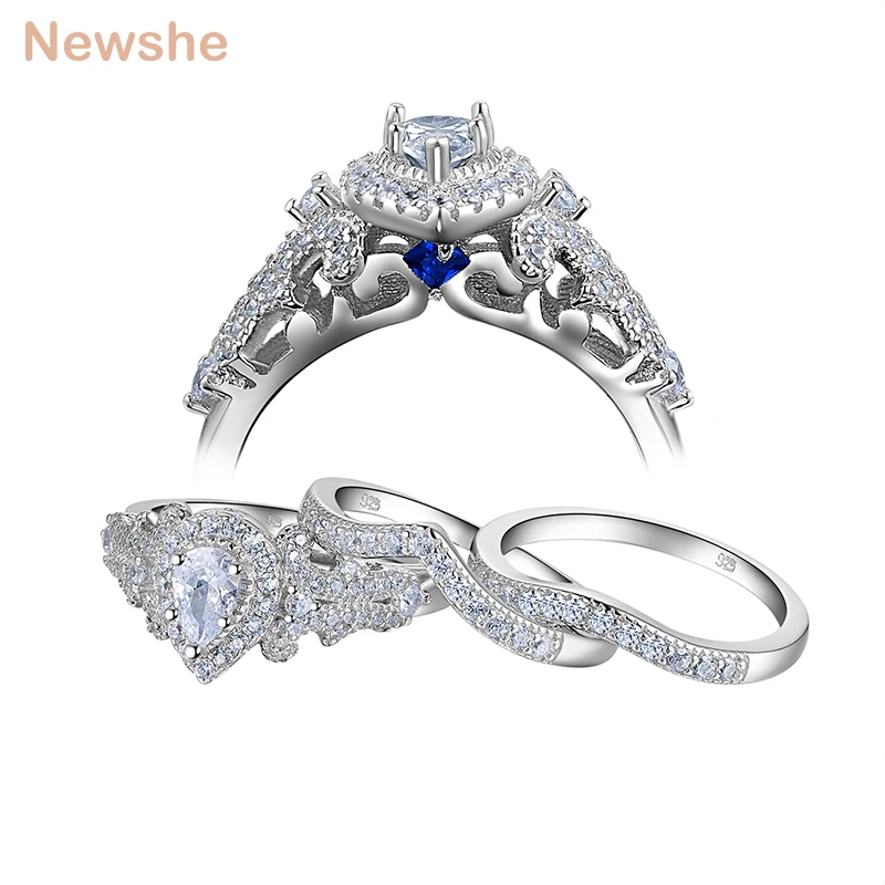 she 3 Pcs 925  Silver Wedding Rings For Women 1.4 Ct Pear Shape AAAAA CZ Engagem - £54.38 GBP