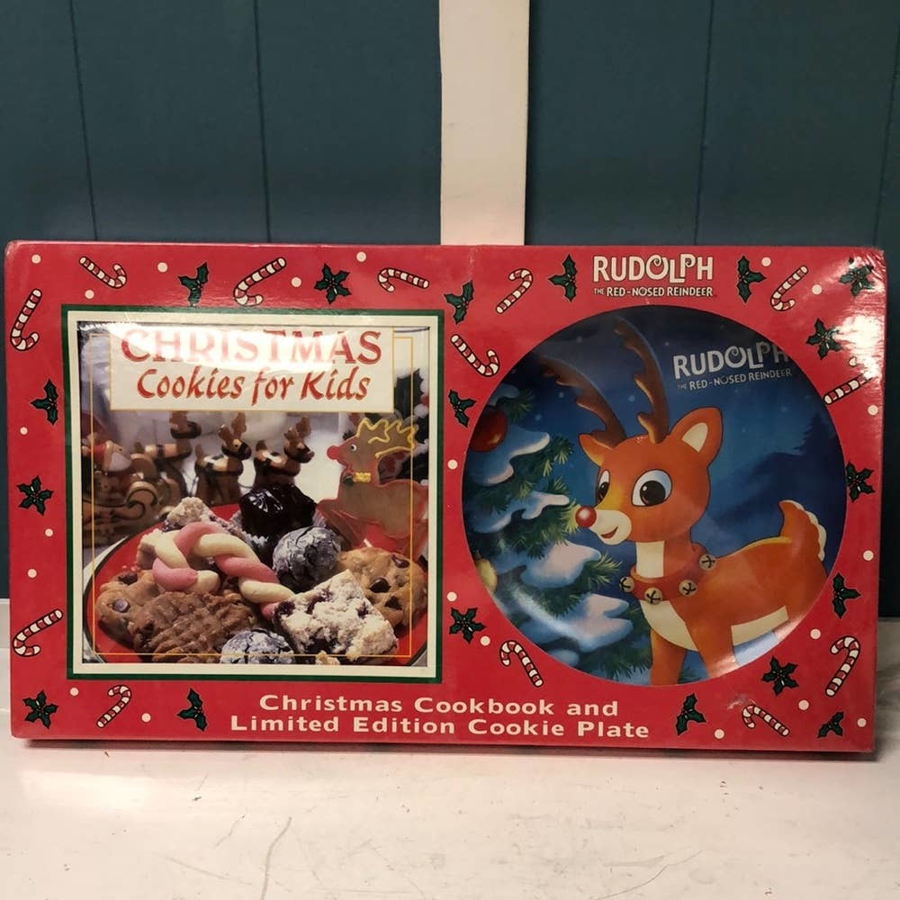 Primary image for Christmas Rudolph Reindeer Cookie Plate With Kids Cookie Cookbook Gift Set