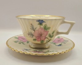Antique Rare Lenox Cynthia Pattern Green Stamp Teacup &amp; Saucer Floral Mint - £25.57 GBP