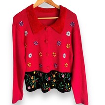 Vintage Womens Size M/L Red Black Embroidered Floral Cardigan Chenille C... - $16.28