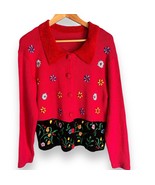 Vintage Womens Size M/L Red Black Embroidered Floral Cardigan Chenille C... - $16.28