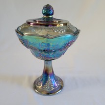 Vtg Indiana Glass Blue Carnival Harvest Grape Pedestal Lidded Compote/Candy Dish - £23.39 GBP