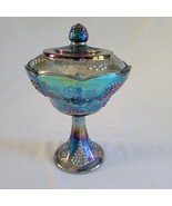 Vtg Indiana Glass Blue Carnival Harvest Grape Pedestal Lidded Compote/Ca... - $40.60 CAD