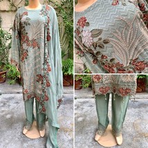 Pakistani Sage Green 3Pcs Fancy  Chiffon Dress with embroidery &amp; Squins ... - £89.59 GBP