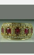 3CT Oval Simulated Red Ruby &amp; Diamond Wedding Band Ring 14K Yellow Gold Plated - £68.02 GBP