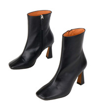 Women&#39;s Classic Zip Up Flared Heel Square Toed Black Real Leather Boots Size 7 - £94.96 GBP