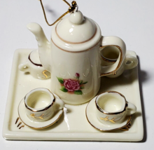 Miniature Tray Pitcher 4 Teacup &amp; Saucers Christmas Ornament Ceramic Dol... - £10.19 GBP
