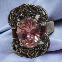 Pink Topaz &amp; Garnet Sterling Silver Art Deco Ring with Marcasite 1930s sz 6 - £151.83 GBP