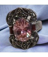Pink Topaz &amp; Garnet Sterling Silver Art Deco Ring with Marcasite 1930s sz 6 - $187.00