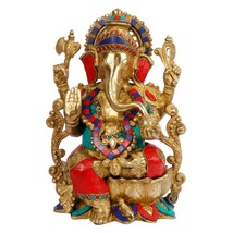 Ganesha Brass statue Stone work large size 12 Inch height 7 kg weight - £363.05 GBP