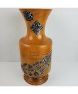 Vintage Thailand Teakwood Vase ART 16x7 Inch 2-Piece w/ Metal ART - £20.40 GBP