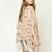 Forever 21 Pink Floral Print Open Front Fringed Cardigan Kimono M/L - £22.41 GBP