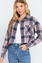 Mauve Navy Cute Color Long Sleeve Crop Tops Plaid Button Down Blouse - £9.59 GBP