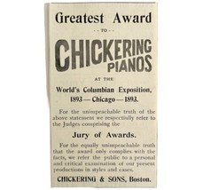 Chickering Piano World&quot;s Fair 1894 Advertisement Victorian Instrument 3 ADBN1ss - $19.99