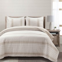 King Size Beige White 3 Piece Stripe Reversible Cotton Quilt Set - $232.99