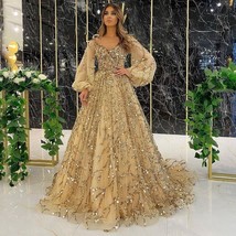 Muslim Gold Luxury A-Line Evening Dreses Gowns 2021 Puff Sleeves Beading Sexy Fo - £487.21 GBP