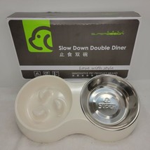 Slow Down Double Dish Pet Food Water Bowls Feeder Cream Beige Color - $10.93