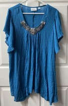 Avenue Crepe Beaded Blouse Women Plus Size 18/20 Blue Flutter Sleeve Rou... - $14.73