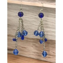 Blue Beaded Earrings Silver Tone Tassels Vintage Dangle - £7.95 GBP