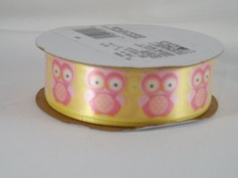 Berwick Offray Pink Owls on Yellow Trim Ribbon 7/8" x 9' - New - £4.16 GBP