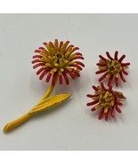 Vintage Yellow and Red Layered Flower Brooch Pin and Earrings Jewelry - £17.88 GBP