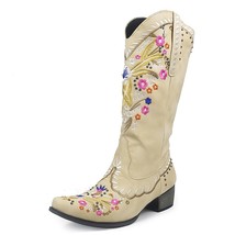Western Cowboy Winter Boots For Women Retro Vintage Embroidery Sewing Floral Wom - £65.86 GBP