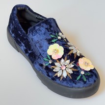 JACOBIES Women’s Shoes Blue Velvet Floral Rhinestones Slip On Loafers Si... - $17.09