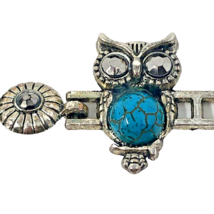 OWL Turquoise Stone Bracelet Silvertone Southwestern Boho Fold Over Clasp - £12.05 GBP