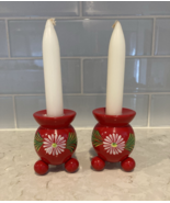2 Vintage 3&quot;  SWEDISH Folk Hand-Painted Red Wood Candle Holders &amp; Candles - $24.97 CAD